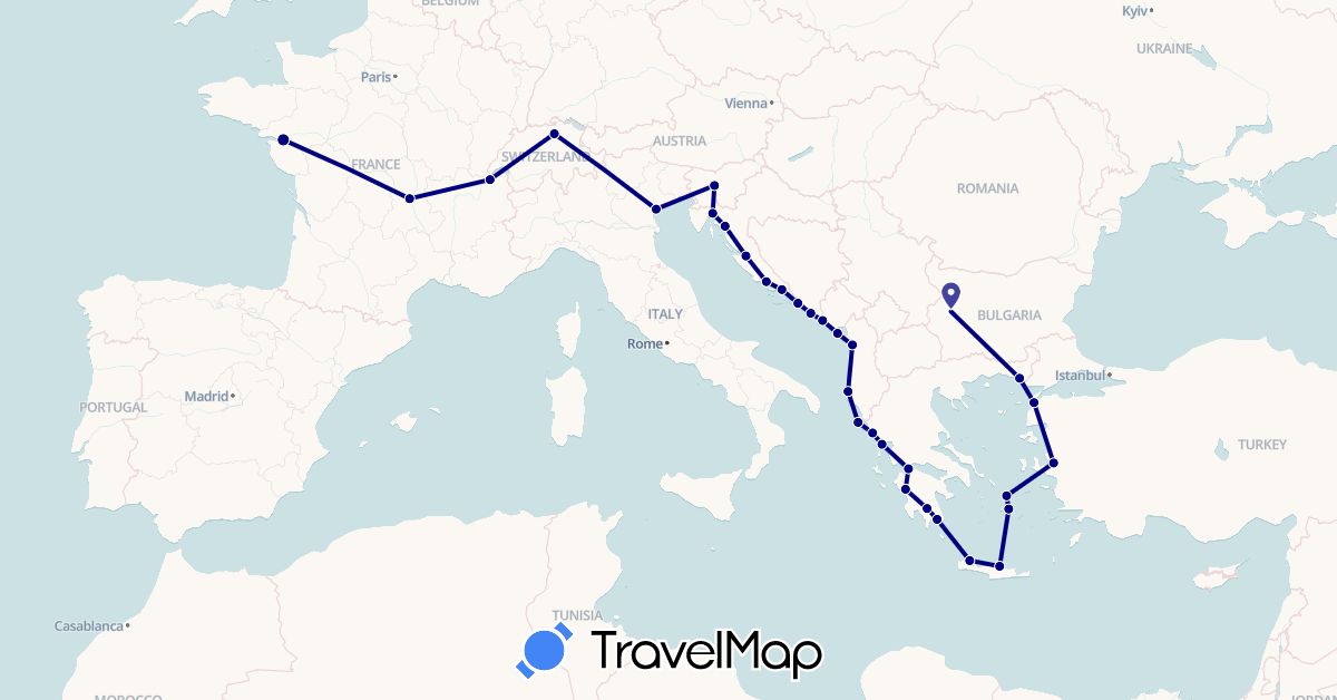 TravelMap itinerary: driving in Albania, Bosnia and Herzegovina, Bulgaria, Switzerland, France, Greece, Croatia, Italy, Montenegro, Slovenia, Turkey (Asia, Europe)